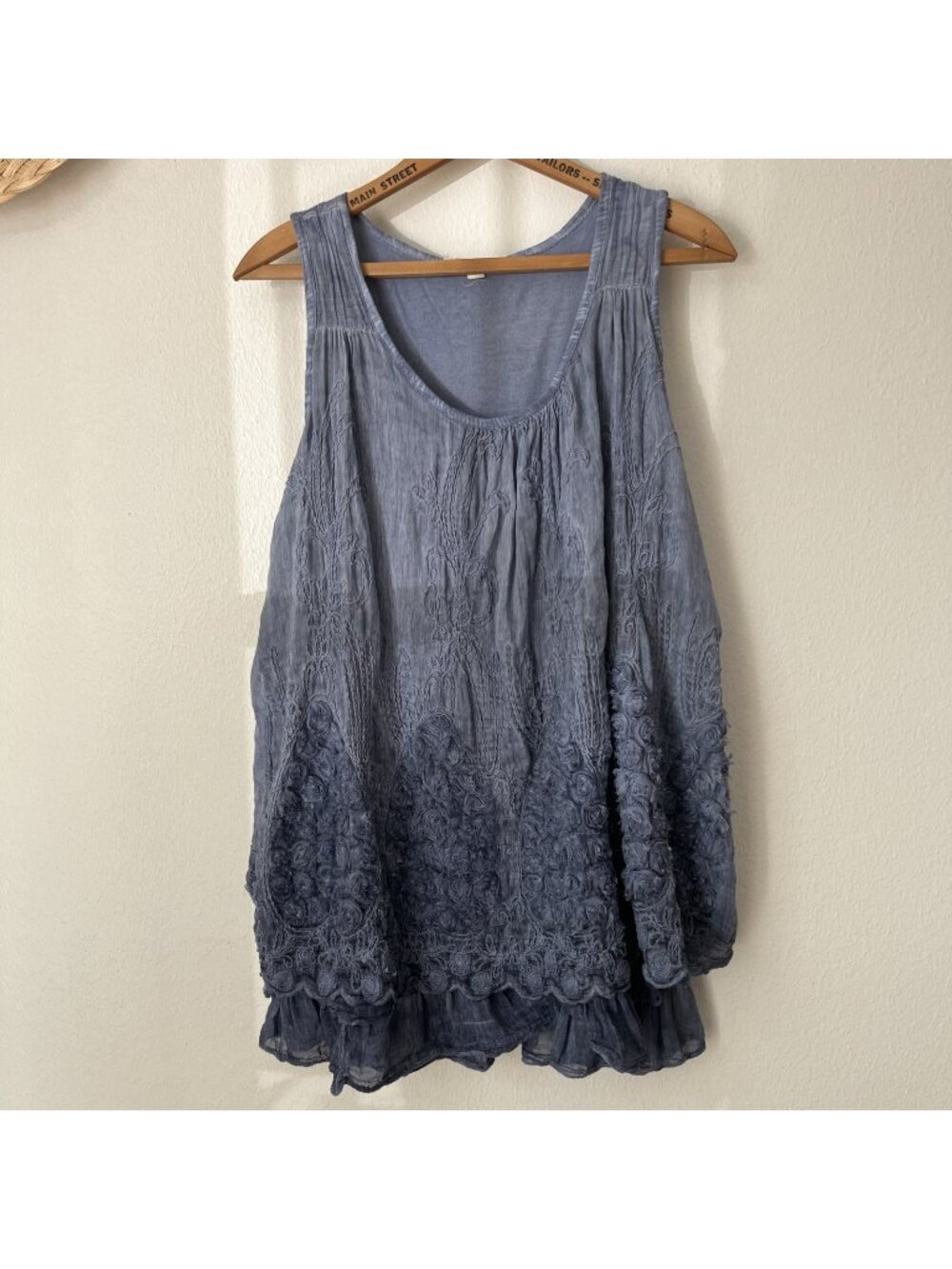 BELLE FRANCE blue flowy sleeveless top romantic boho XL summer gypsy SILK blend